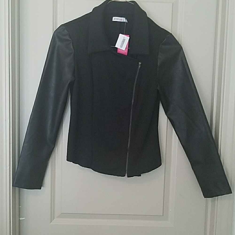 Mixed Media Faux Leather Moto Jacket